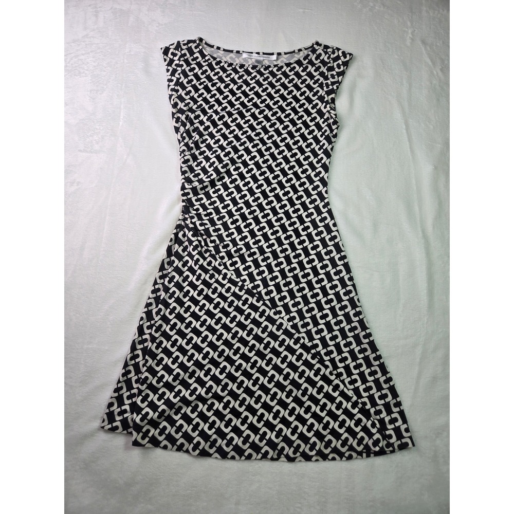 Diane von Furstenberg DVF Black Cream Geometric Silk Jersey Dress Size 8